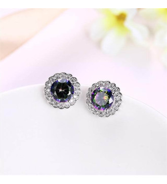 Szivárvány köves virág fülbevaló, ródium bevonattal