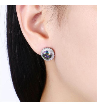 Szivárvány köves virág fülbevaló, ródium bevonattal