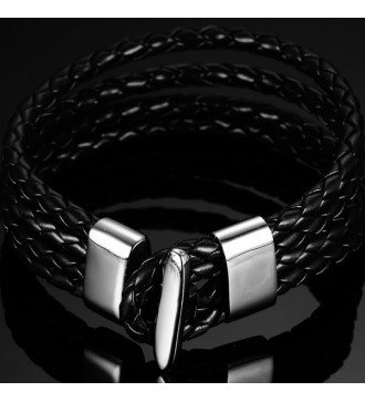 Széles. fonott öko-bőr karkötő nemesacél kapoccsal