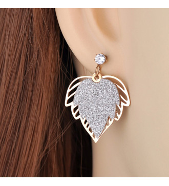 Levél díszes nemesacél fülbevaló, csillogó szemcsékkel